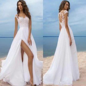 Chic Beach Boho Wedding Dress Short Sleeves Chiffon Long Bridal Gown High Side S